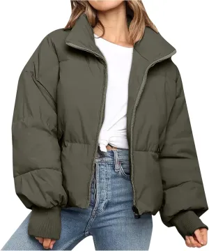 Puffer Jacket Womens Winter Cropped Quilted Coat Casual Baggy Long Sleeve Zip Down Jackets Outerwear With Pockets