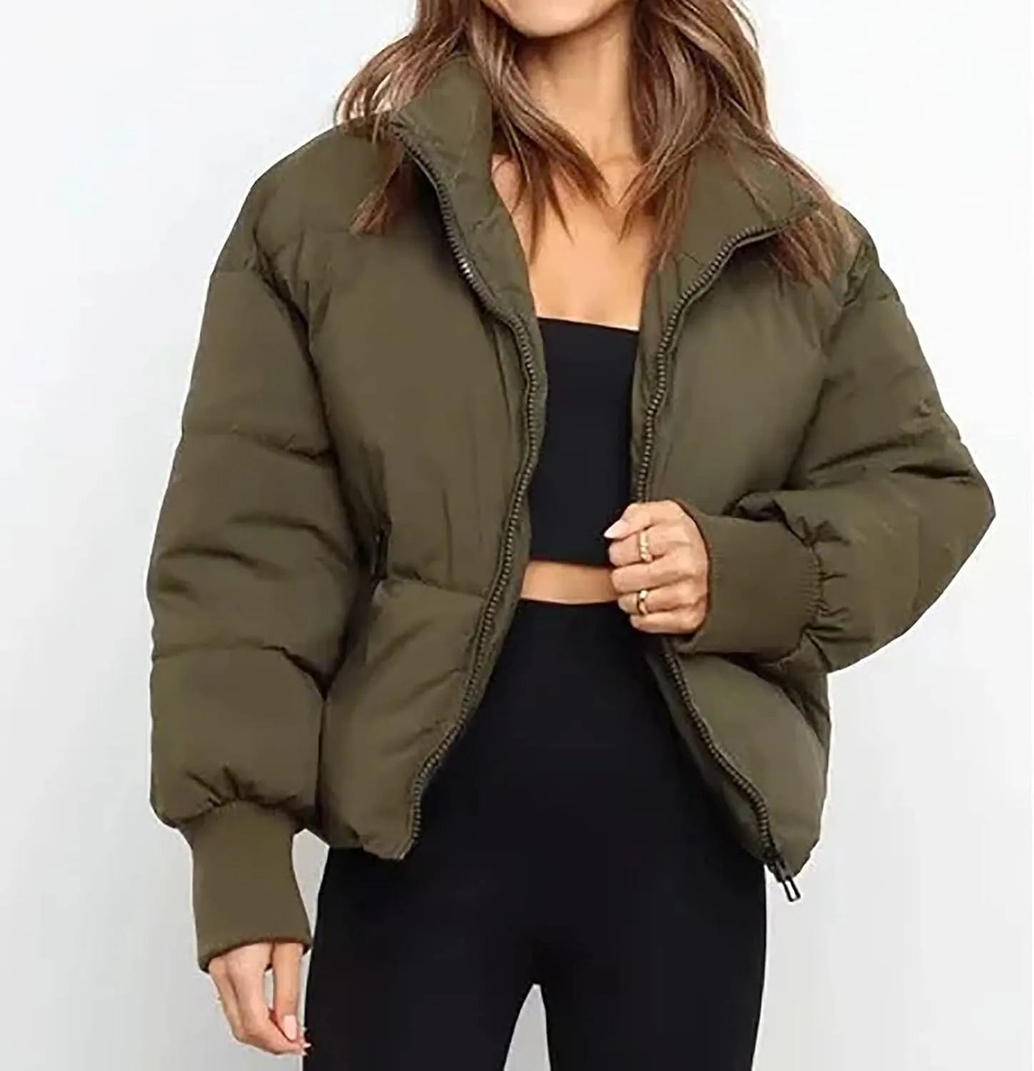 Puffer Jacket Womens Winter Cropped Quilted Coat Casual Baggy Long Sleeve Zip Down Jackets Outerwear With Pockets