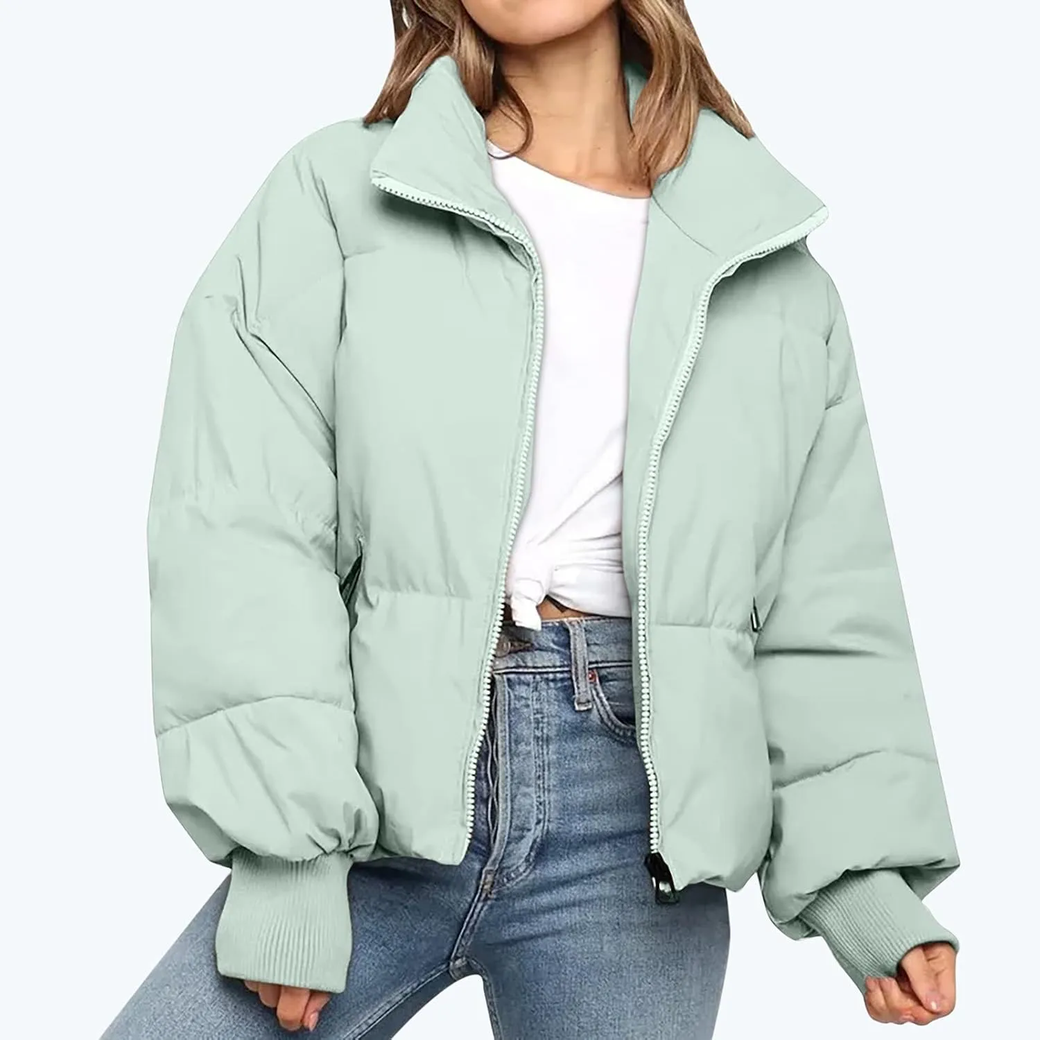 Puffer Jacket Womens Winter Cropped Quilted Coat Casual Baggy Long Sleeve Zip Down Jackets Outerwear With Pockets