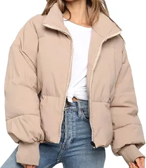 Puffer Jacket Womens Winter Cropped Quilted Coat Casual Baggy Long Sleeve Zip Down Jackets Outerwear With Pockets