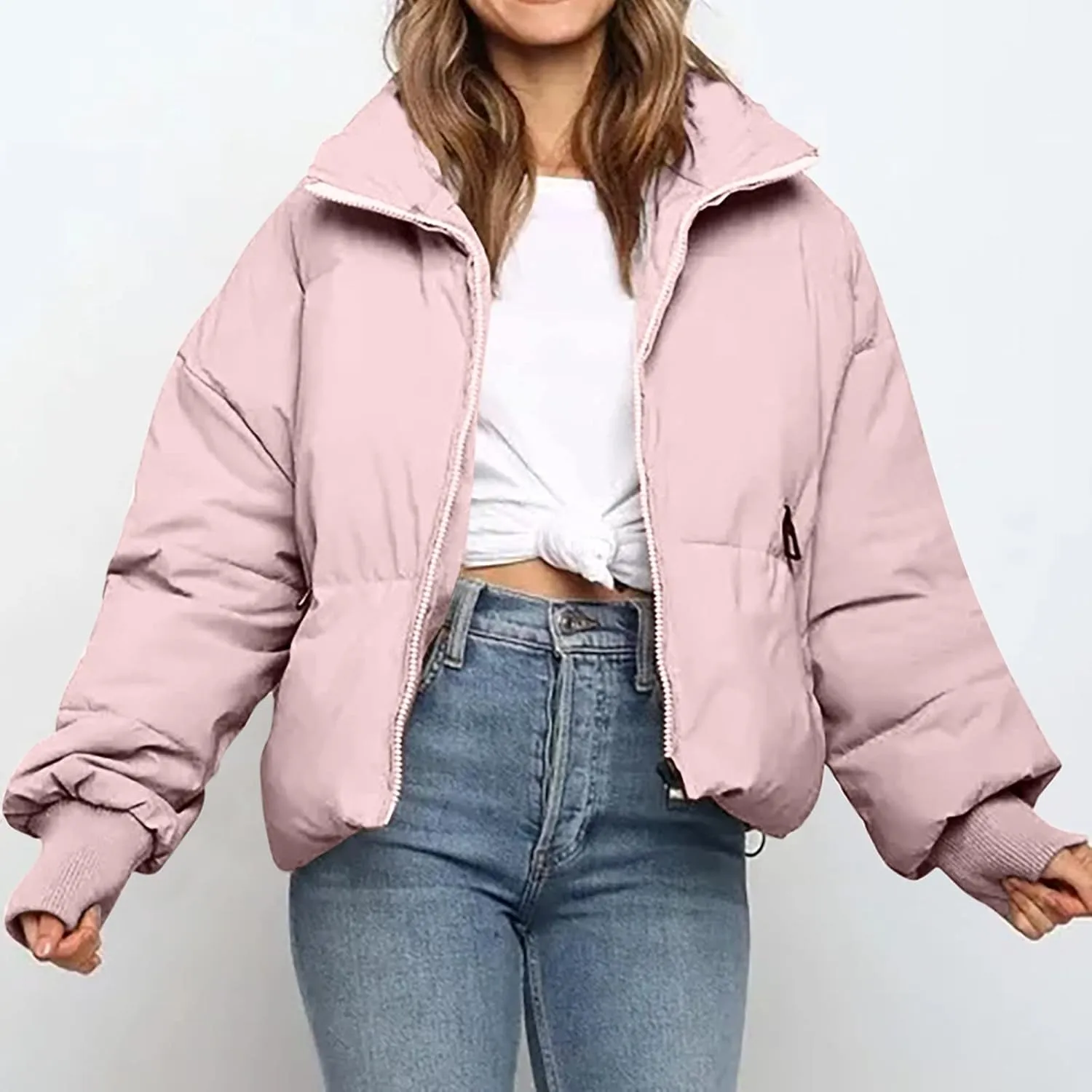 Puffer Jacket Womens Winter Cropped Quilted Coat Casual Baggy Long Sleeve Zip Down Jackets Outerwear With Pockets