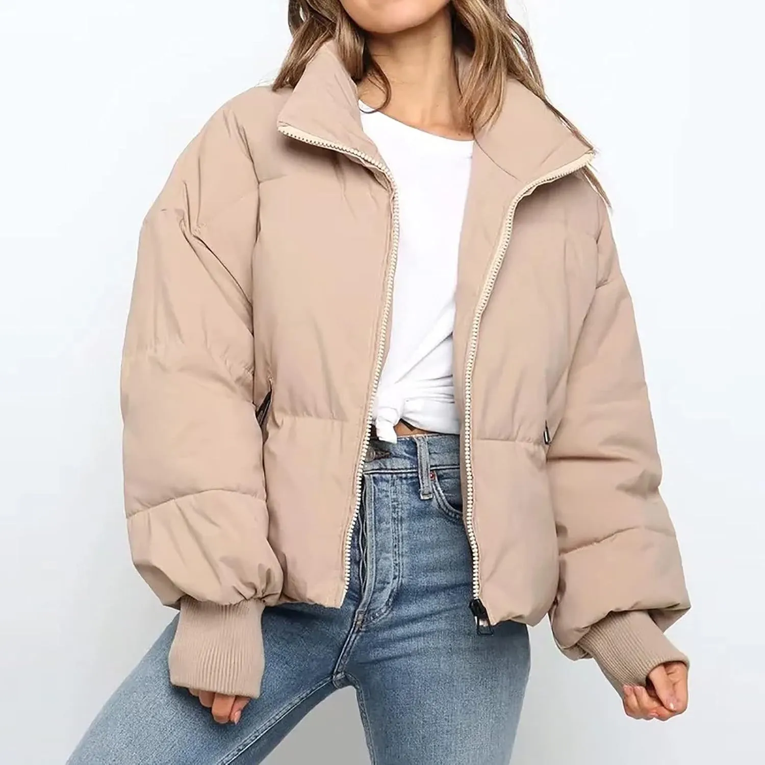 Puffer Jacket Womens Winter Cropped Quilted Coat Casual Baggy Long Sleeve Zip Down Jackets Outerwear With Pockets