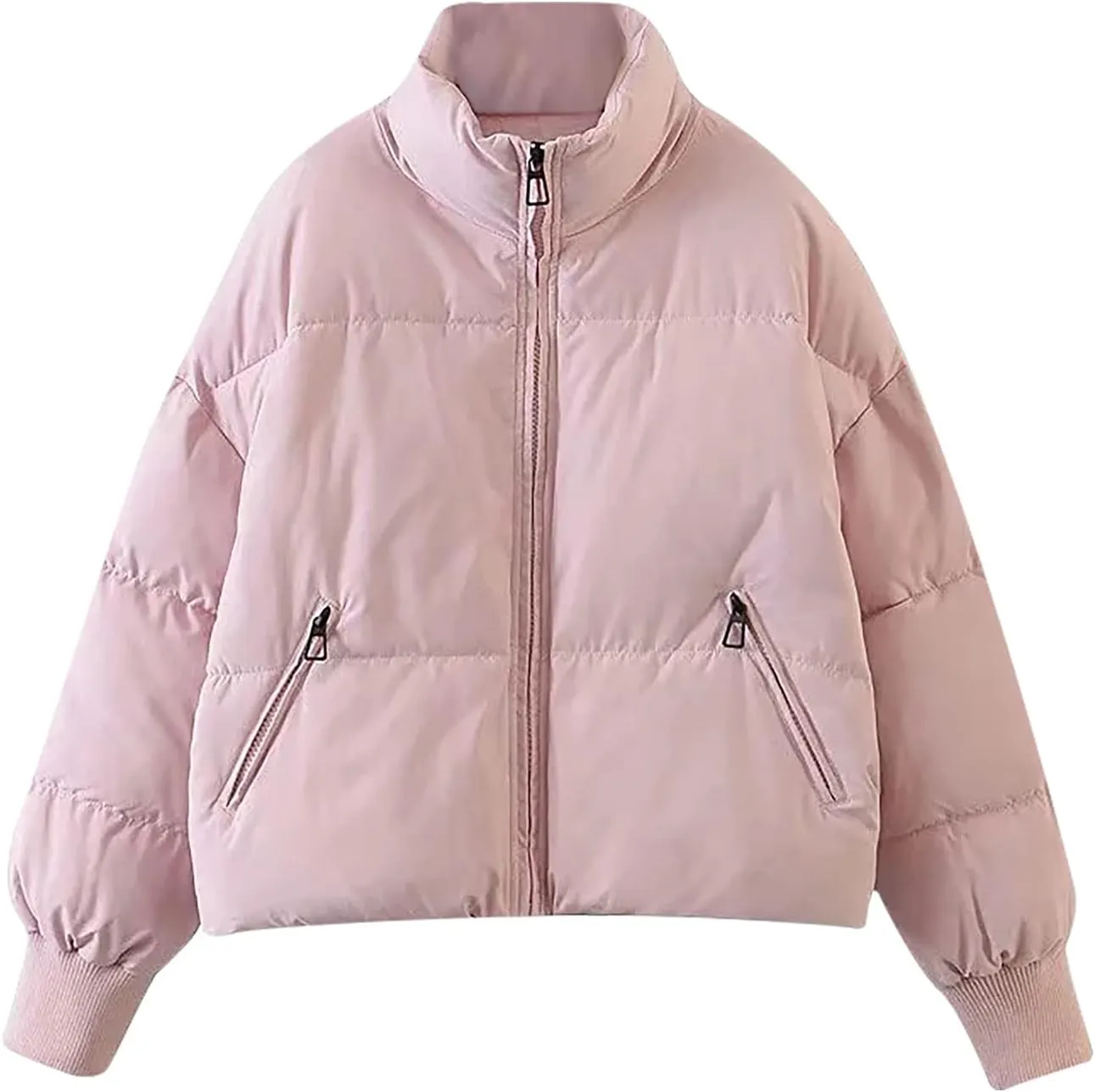 Puffer Jacket Womens Winter Cropped Quilted Coat Casual Baggy Long Sleeve Zip Down Jackets Outerwear With Pockets