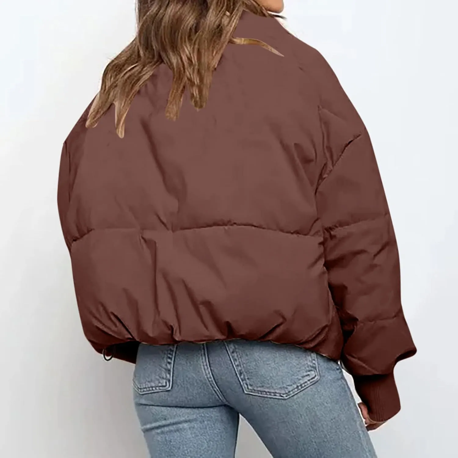 Puffer Jacket Womens Winter Cropped Quilted Coat Casual Baggy Long Sleeve Zip Down Jackets Outerwear With Pockets