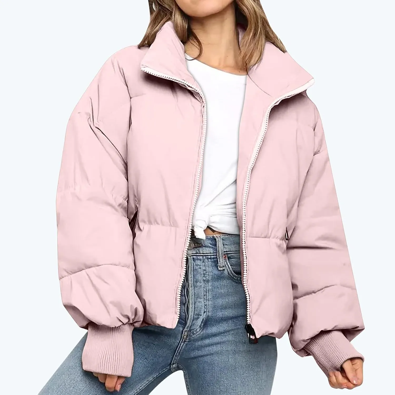 Puffer Jacket Womens Winter Cropped Quilted Coat Casual Baggy Long Sleeve Zip Down Jackets Outerwear With Pockets