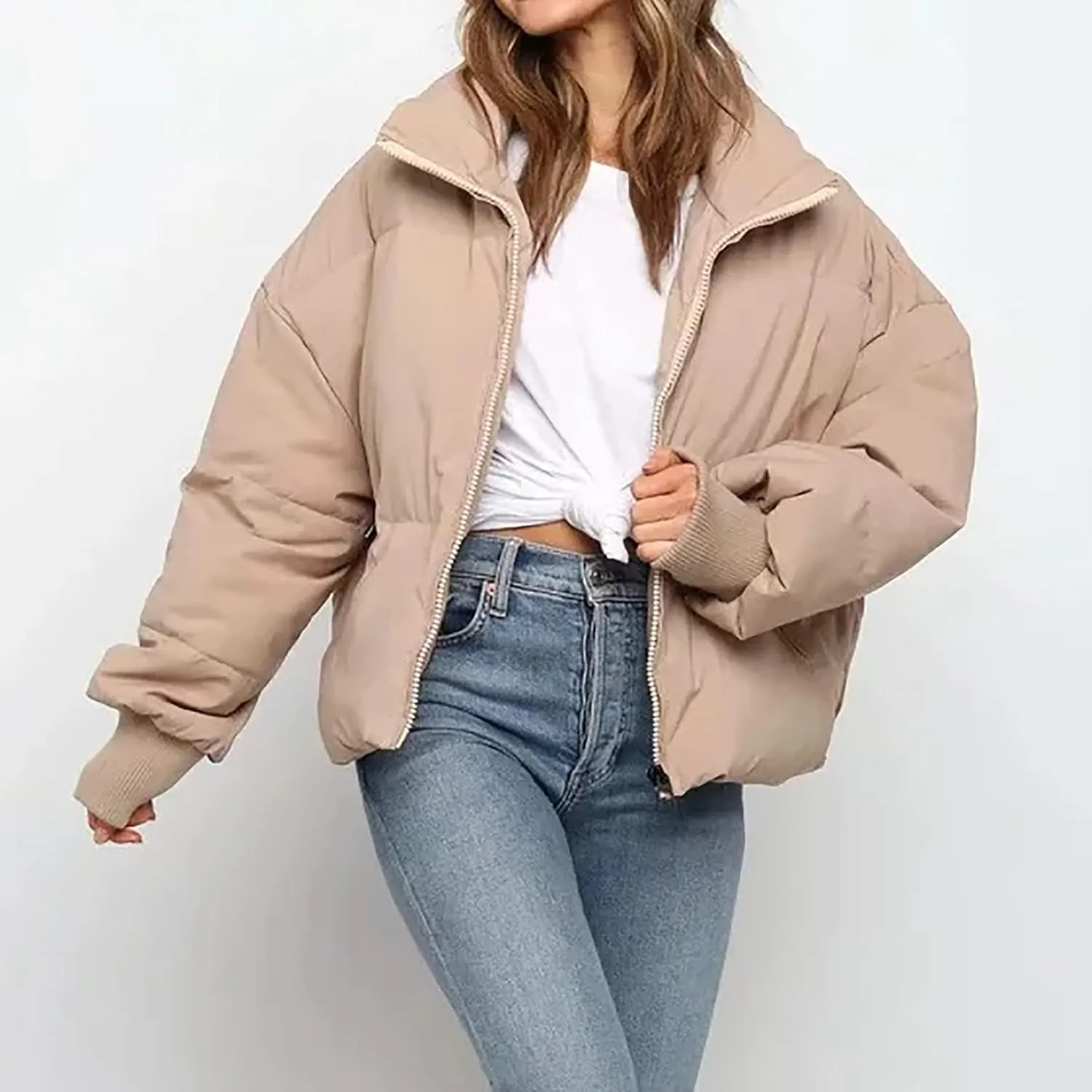 Puffer Jacket Womens Winter Cropped Quilted Coat Casual Baggy Long Sleeve Zip Down Jackets Outerwear With Pockets
