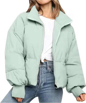 Puffer Jacket Womens Winter Cropped Quilted Coat Casual Baggy Long Sleeve Zip Down Jackets Outerwear With Pockets