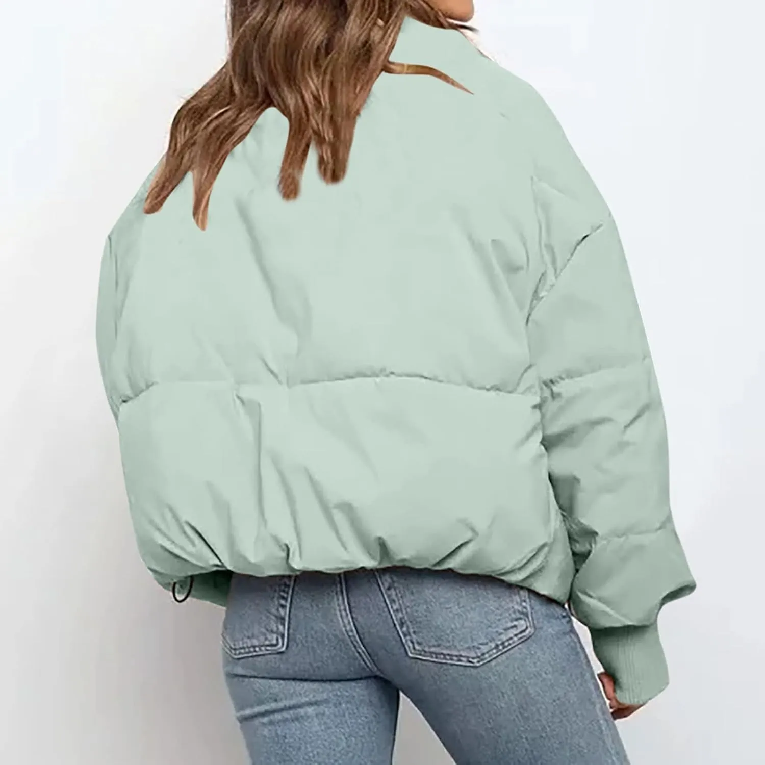 Puffer Jacket Womens Winter Cropped Quilted Coat Casual Baggy Long Sleeve Zip Down Jackets Outerwear With Pockets