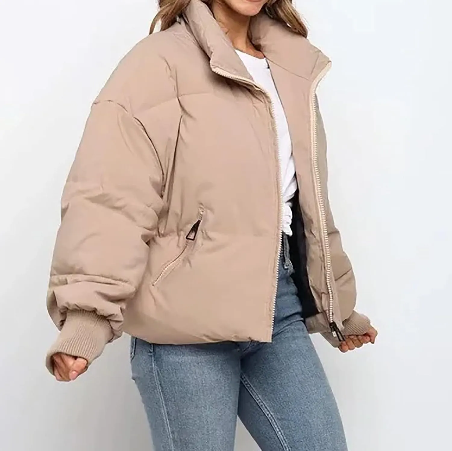 Puffer Jacket Womens Winter Cropped Quilted Coat Casual Baggy Long Sleeve Zip Down Jackets Outerwear With Pockets