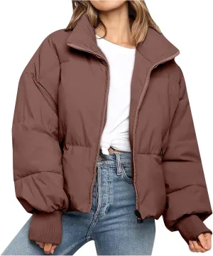 Puffer Jacket Womens Winter Cropped Quilted Coat Casual Baggy Long Sleeve Zip Down Jackets Outerwear With Pockets