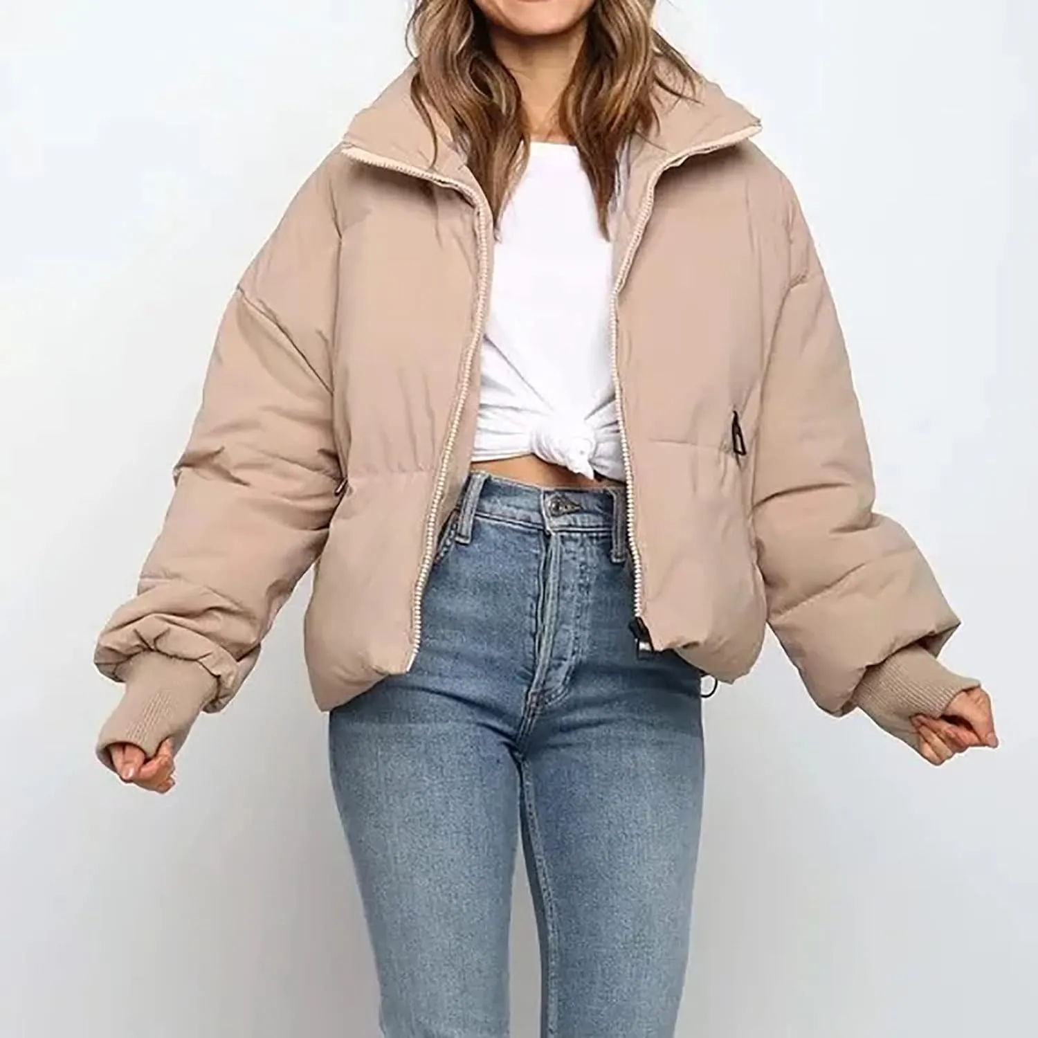 Puffer Jacket Womens Winter Cropped Quilted Coat Casual Baggy Long Sleeve Zip Down Jackets Outerwear With Pockets