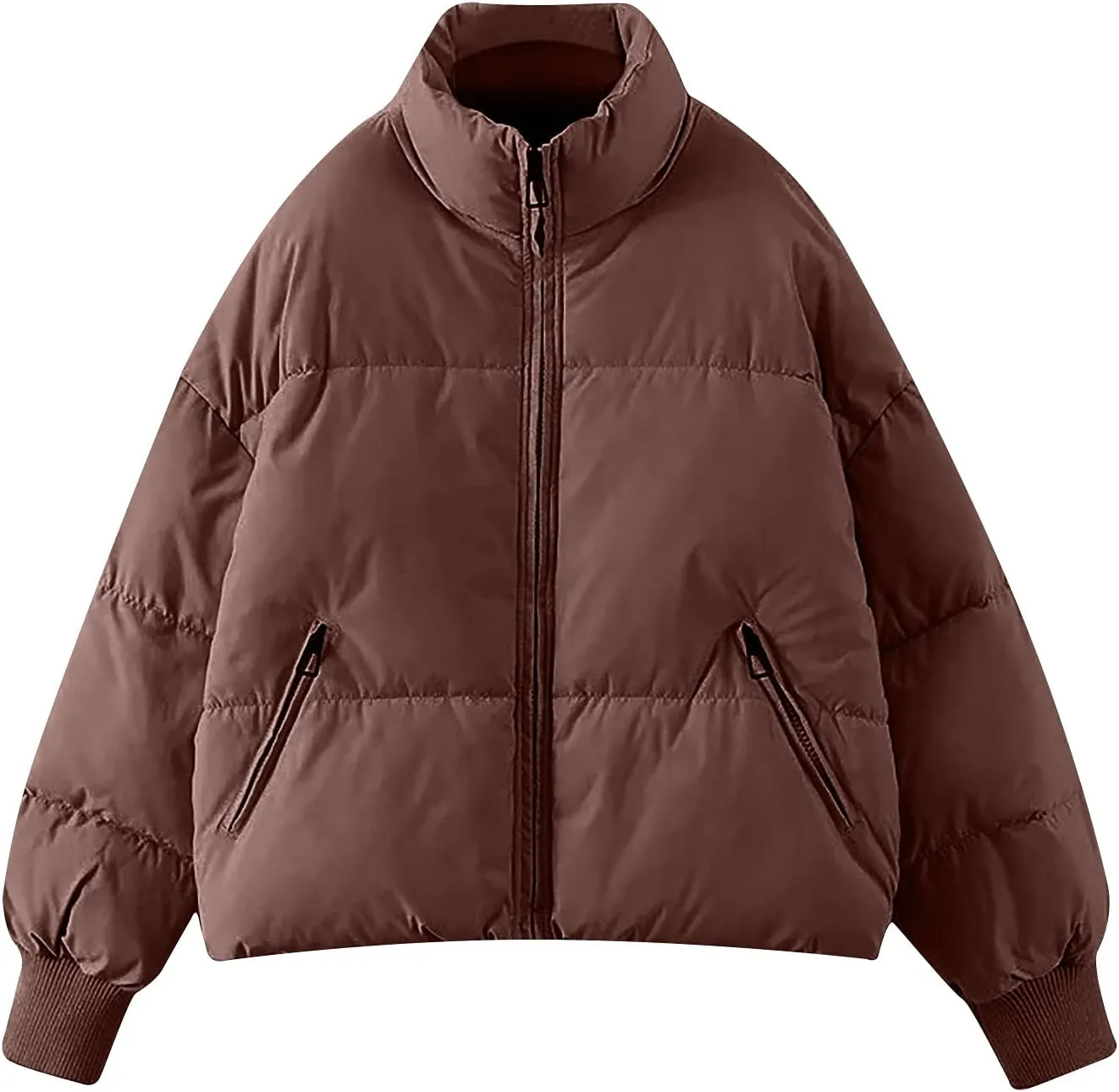 Puffer Jacket Womens Winter Cropped Quilted Coat Casual Baggy Long Sleeve Zip Down Jackets Outerwear With Pockets