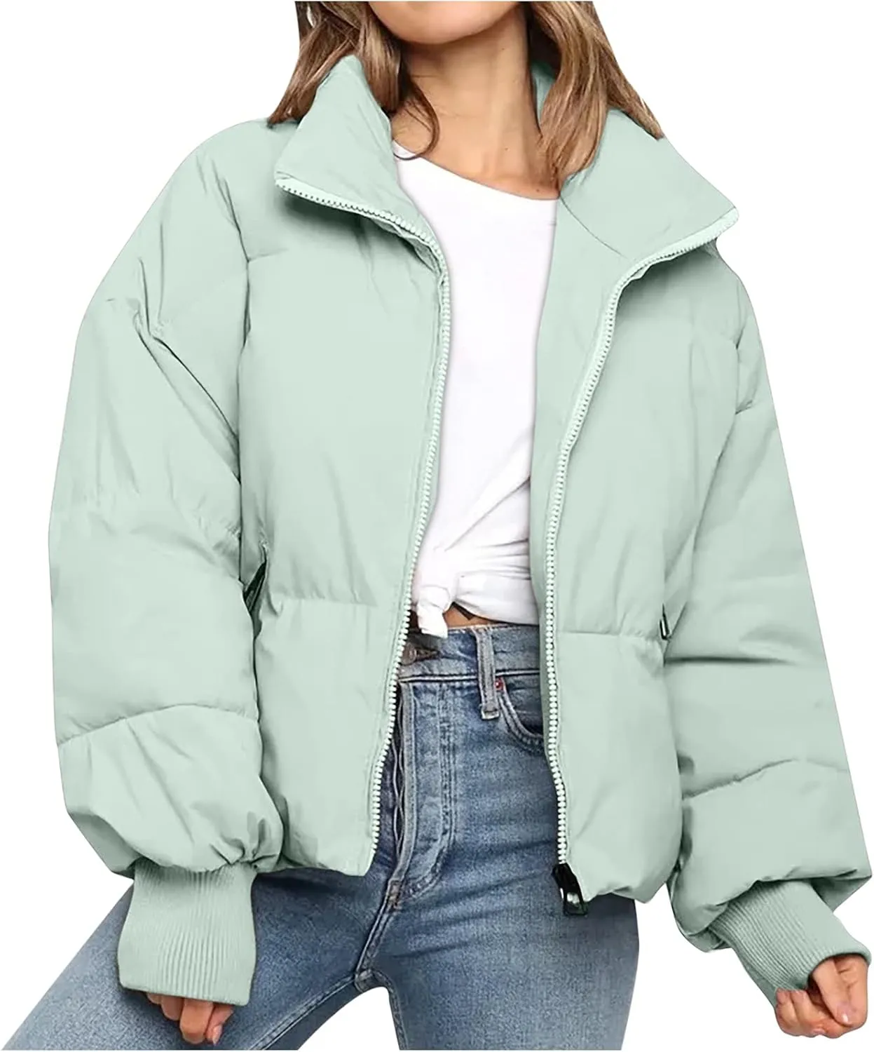Puffer Jacket Womens Winter Cropped Quilted Coat Casual Baggy Long Sleeve Zip Down Jackets Outerwear With Pockets