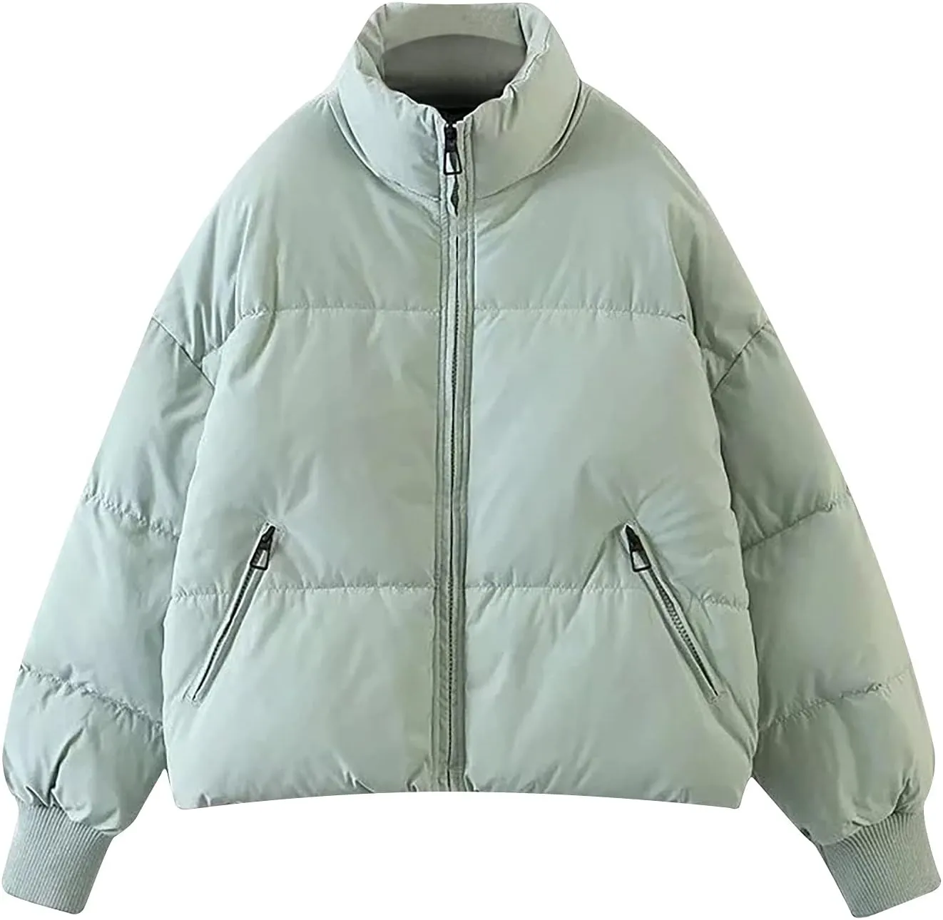 Puffer Jacket Womens Winter Cropped Quilted Coat Casual Baggy Long Sleeve Zip Down Jackets Outerwear With Pockets