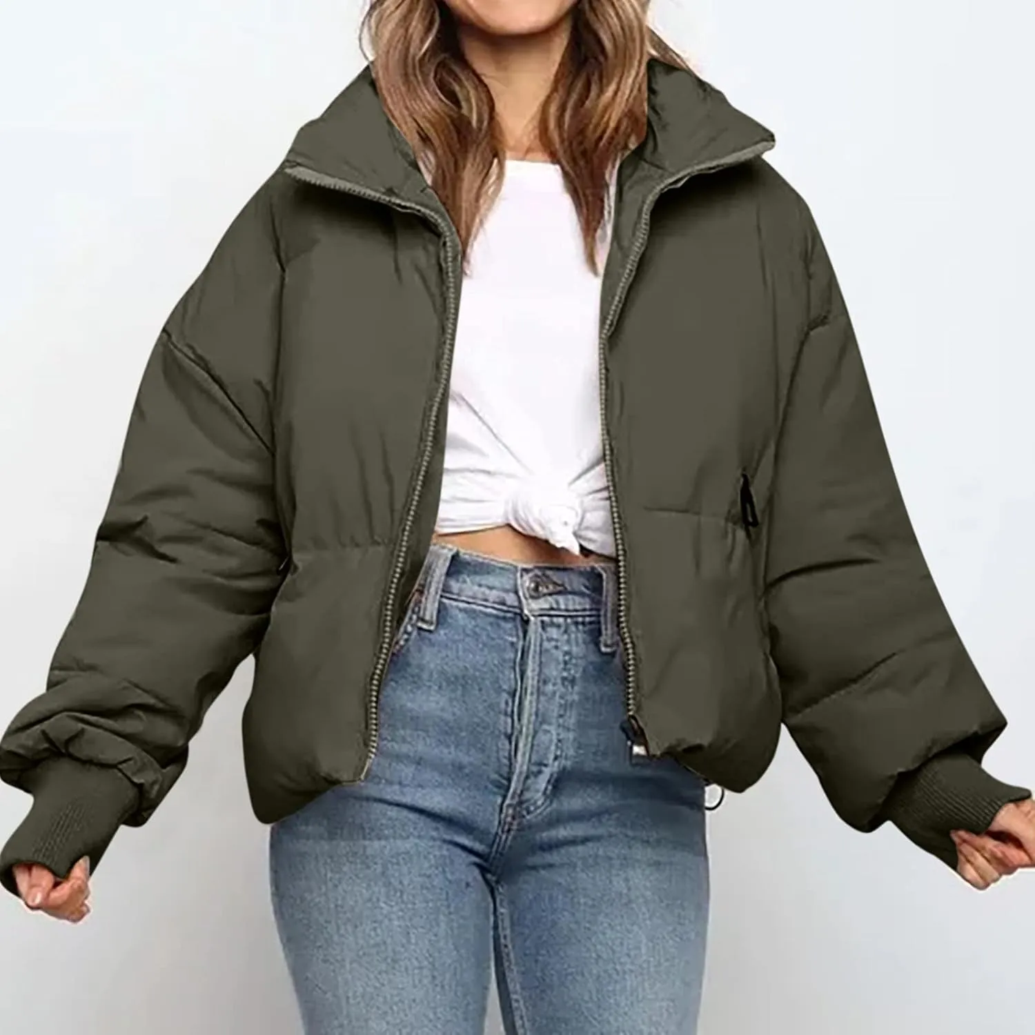 Puffer Jacket Womens Winter Cropped Quilted Coat Casual Baggy Long Sleeve Zip Down Jackets Outerwear With Pockets