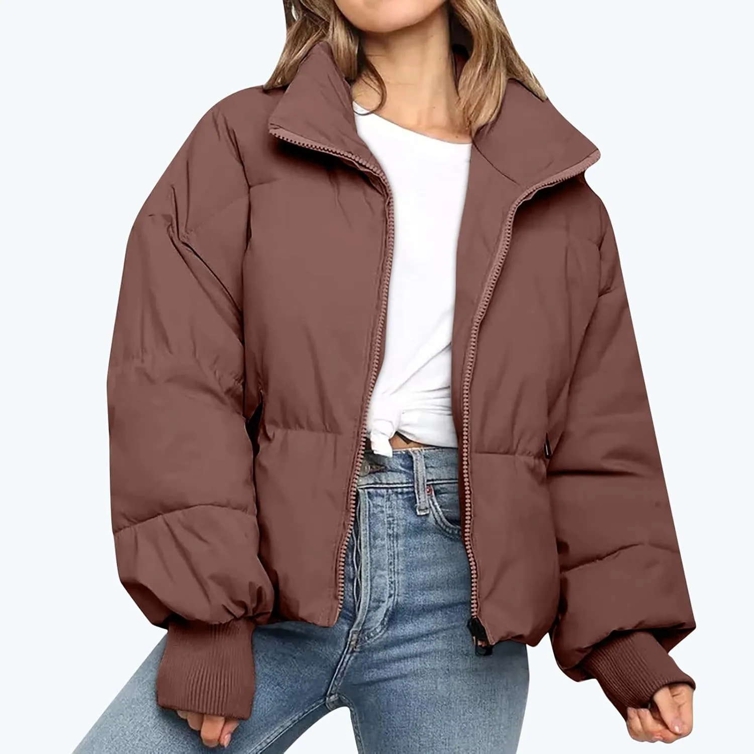 Puffer Jacket Womens Winter Cropped Quilted Coat Casual Baggy Long Sleeve Zip Down Jackets Outerwear With Pockets