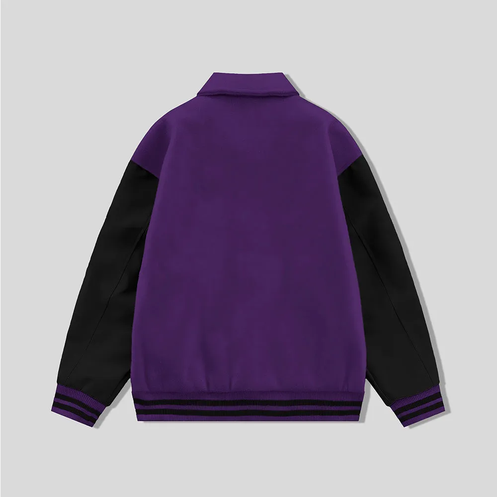 Purple Byron Collar Wool & Leather Varsity Jacket Black Sleeves - Jack N Hoods