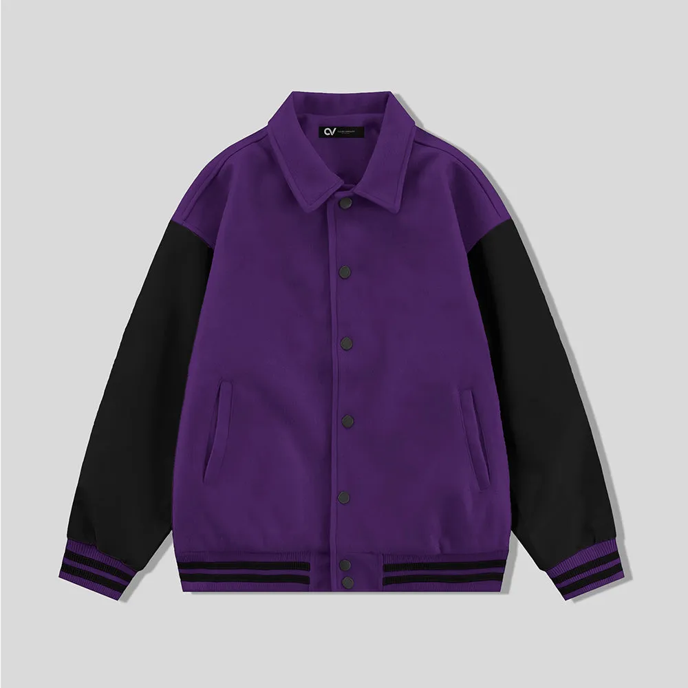 Purple Byron Collar Wool & Leather Varsity Jacket Black Sleeves - Jack N Hoods