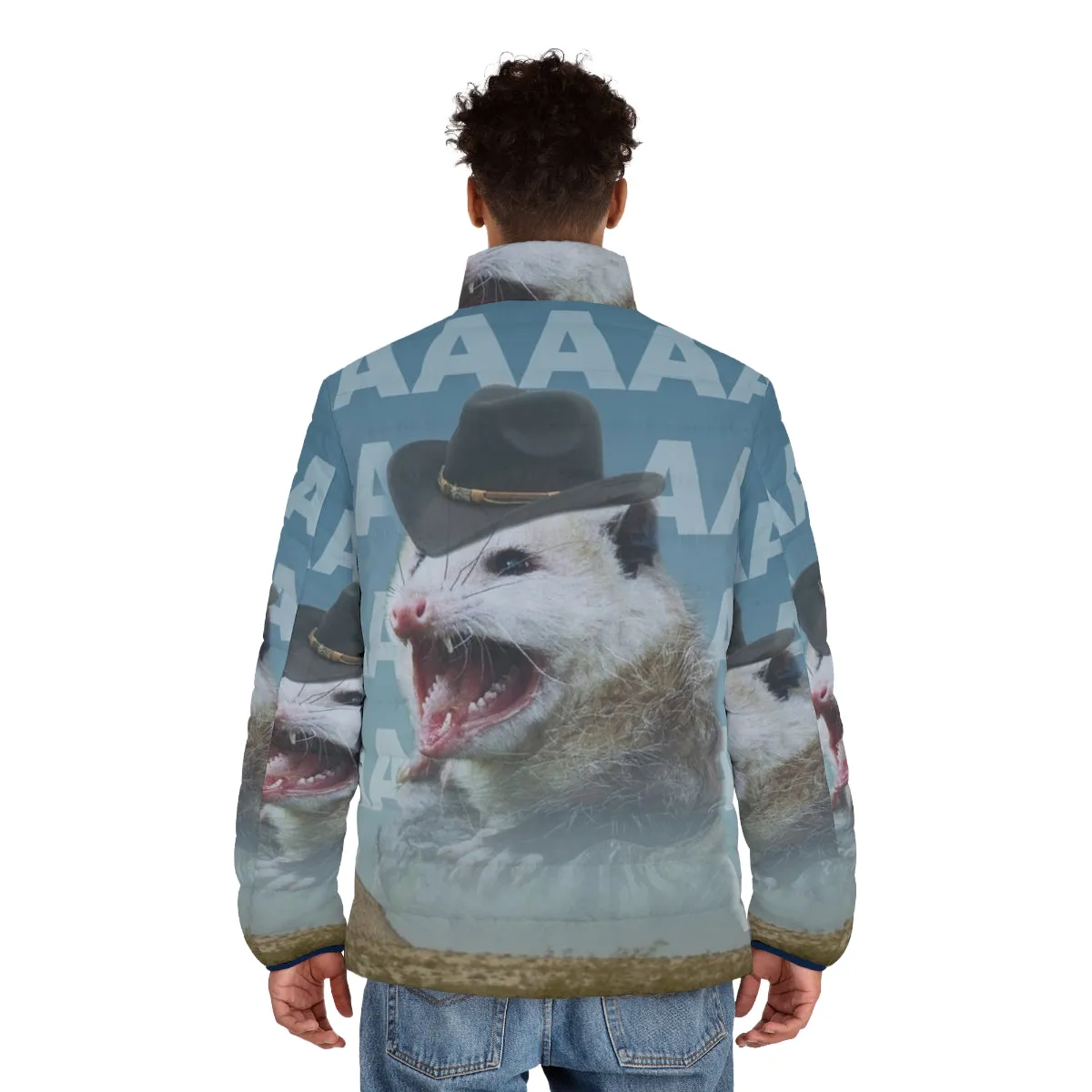 "Vintage Screaming Cowboy Possum Puffer Jacket: The Ultimate Western Outlaw Style"