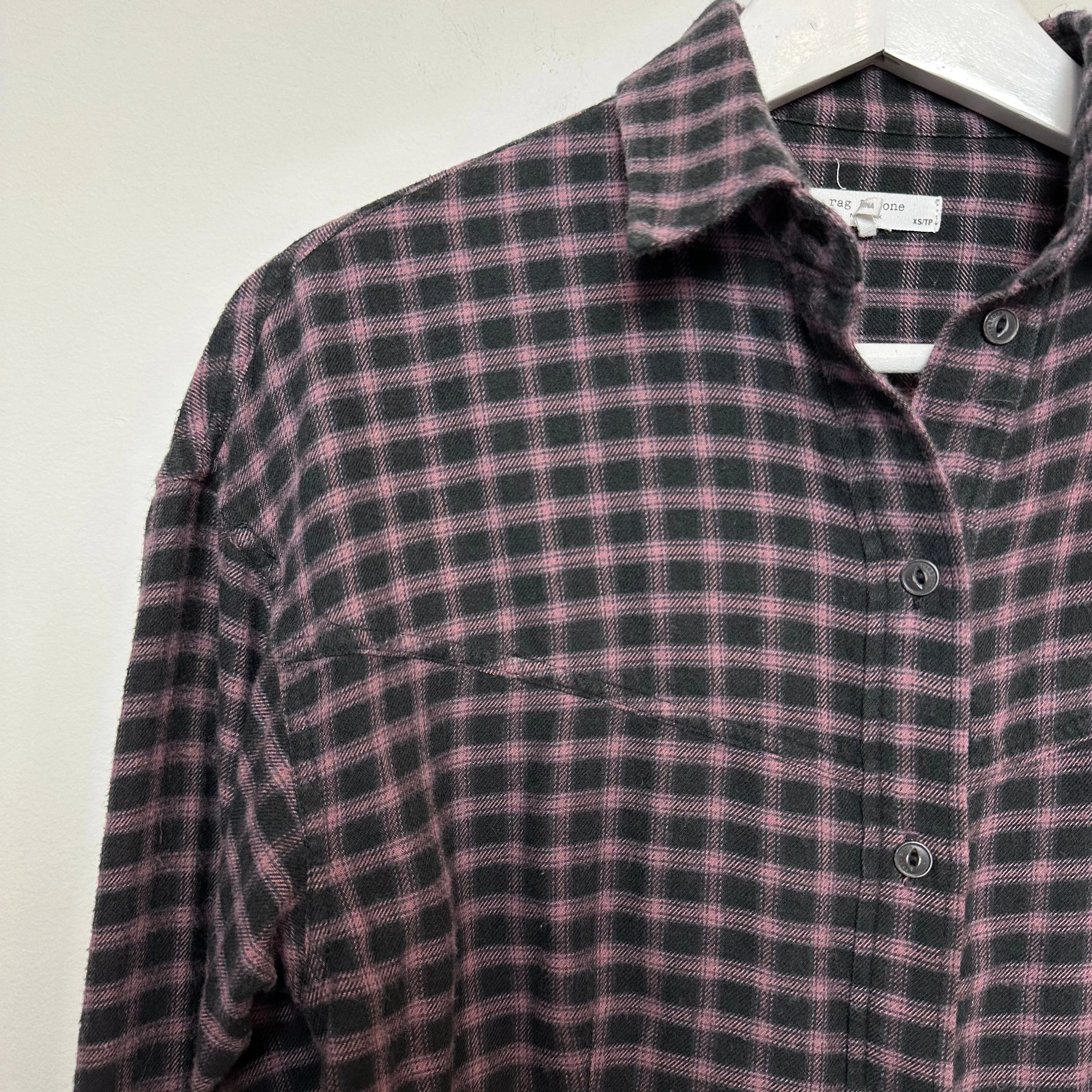 Rag & Bone Iris Plaid Flannel Shirt Black Pink Collared Button Up XS