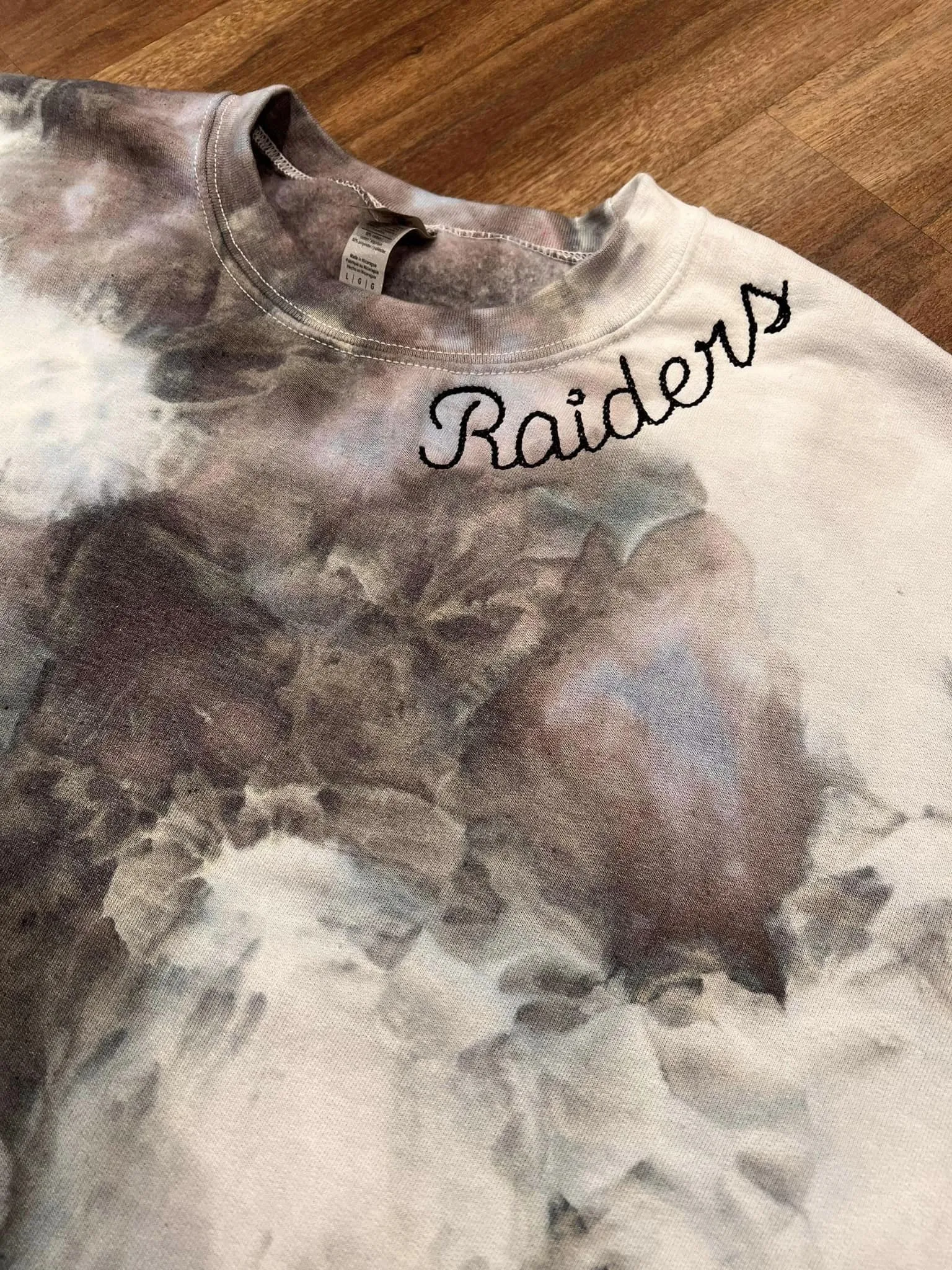 Raiders embroidered tie dye crew neck with name/#- PRE ORDER