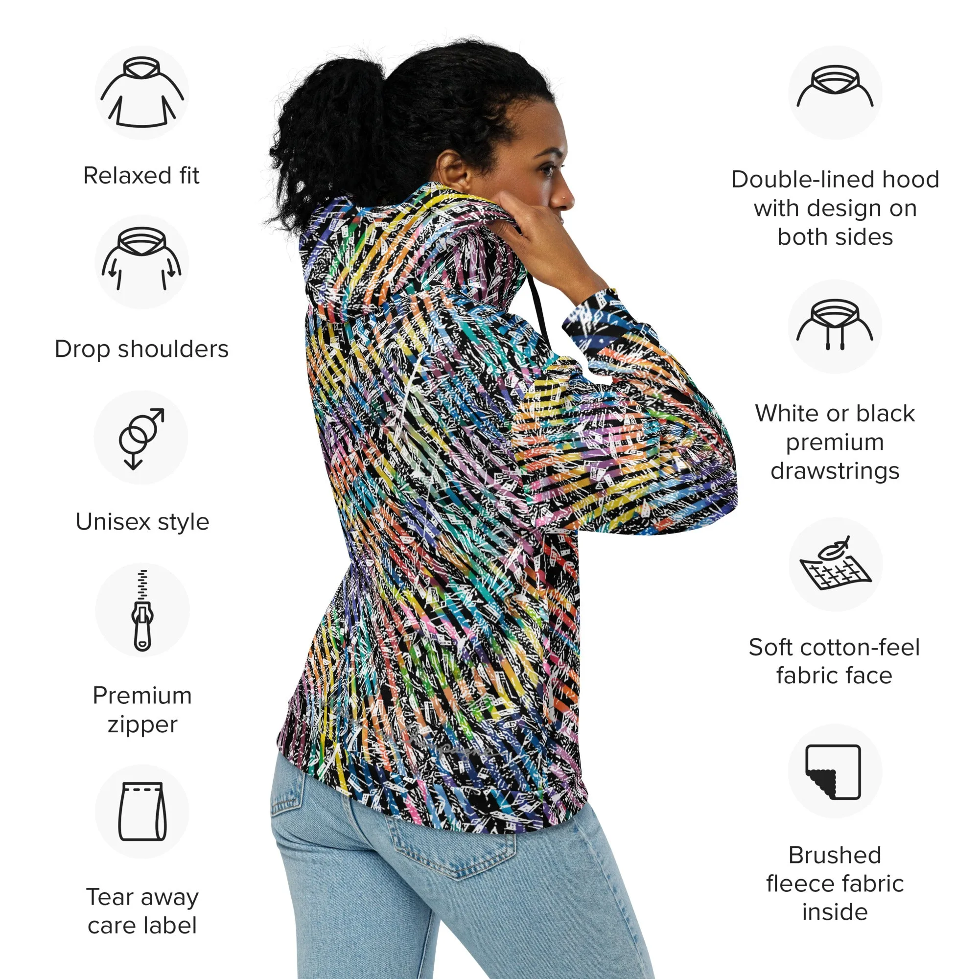 rainbow diamond party with 6 eyed bicycle tiger in hood Unisex zip hoodie