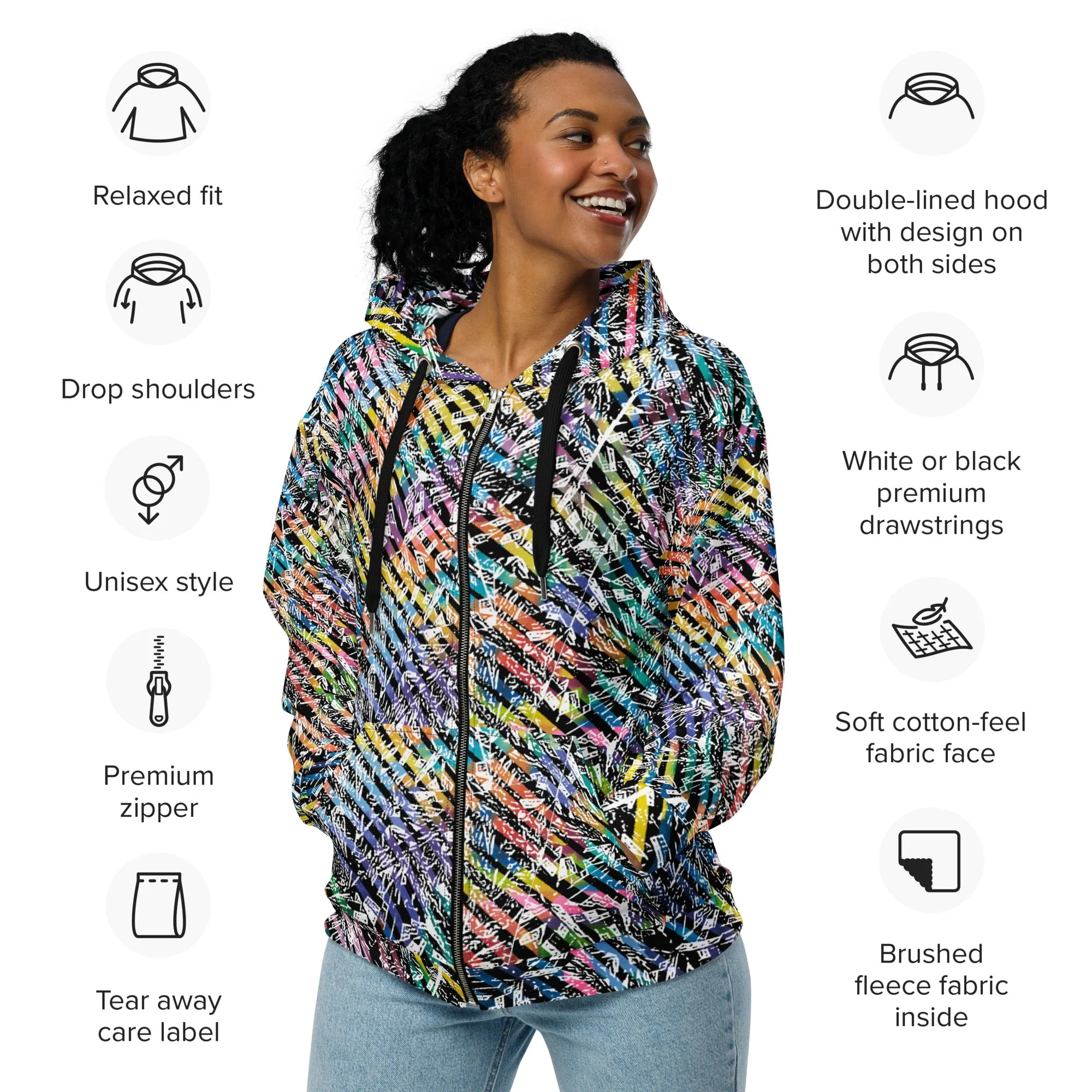 rainbow diamond party with 6 eyed bicycle tiger in hood Unisex zip hoodie