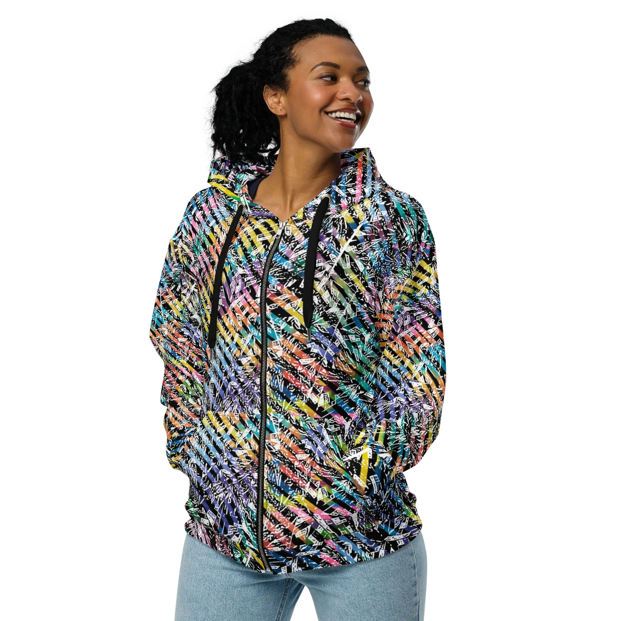 rainbow diamond party with 6 eyed bicycle tiger in hood Unisex zip hoodie