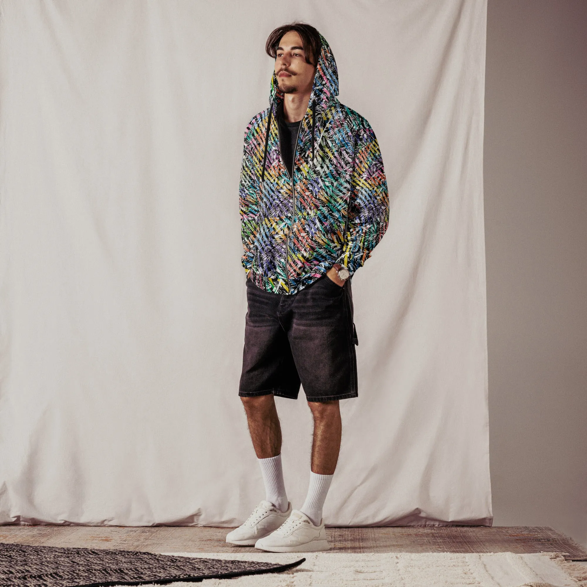 rainbow diamond party with 6 eyed bicycle tiger in hood Unisex zip hoodie