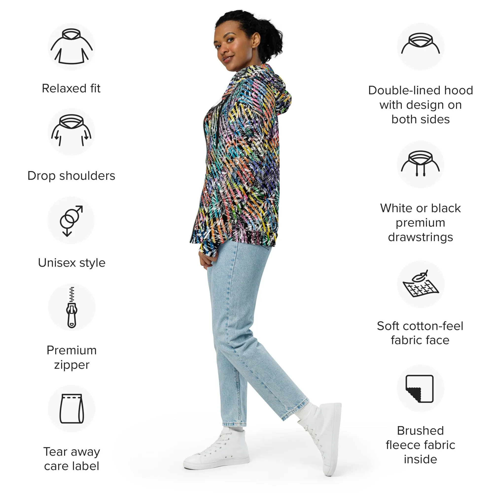 rainbow diamond party with 6 eyed bicycle tiger in hood Unisex zip hoodie