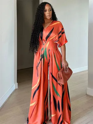 Rainbow Swirl Design V-Neck Short Sleeve Wide Leg Jumpsuit