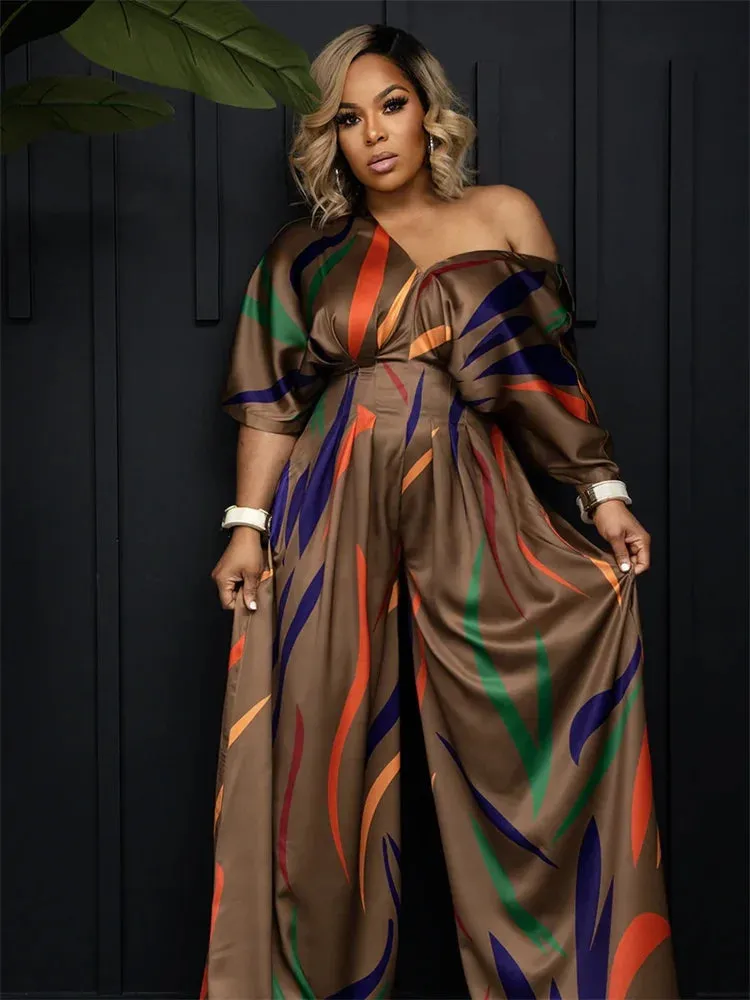 Rainbow Swirl Design V-Neck Short Sleeve Wide Leg Jumpsuit