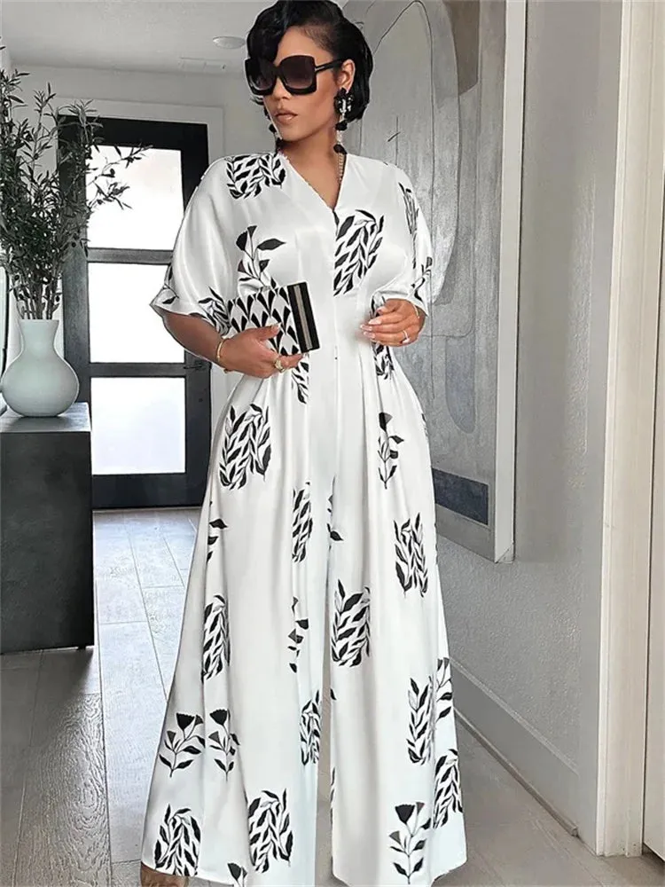 Rainbow Swirl Design V-Neck Short Sleeve Wide Leg Jumpsuit
