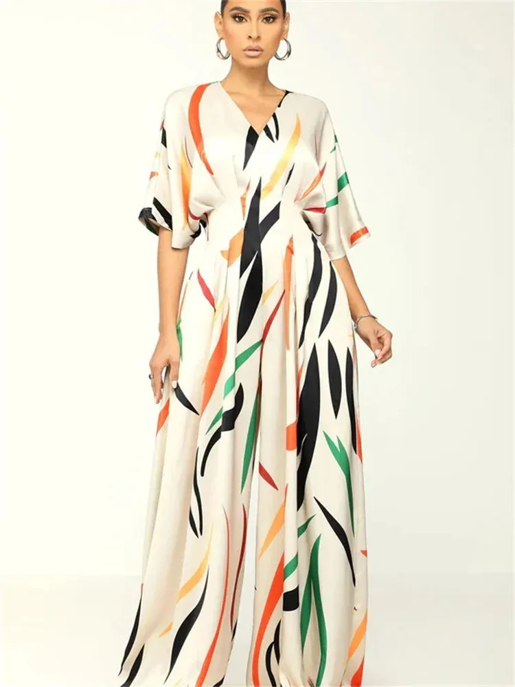 Rainbow Swirl Design V-Neck Short Sleeve Wide Leg Jumpsuit