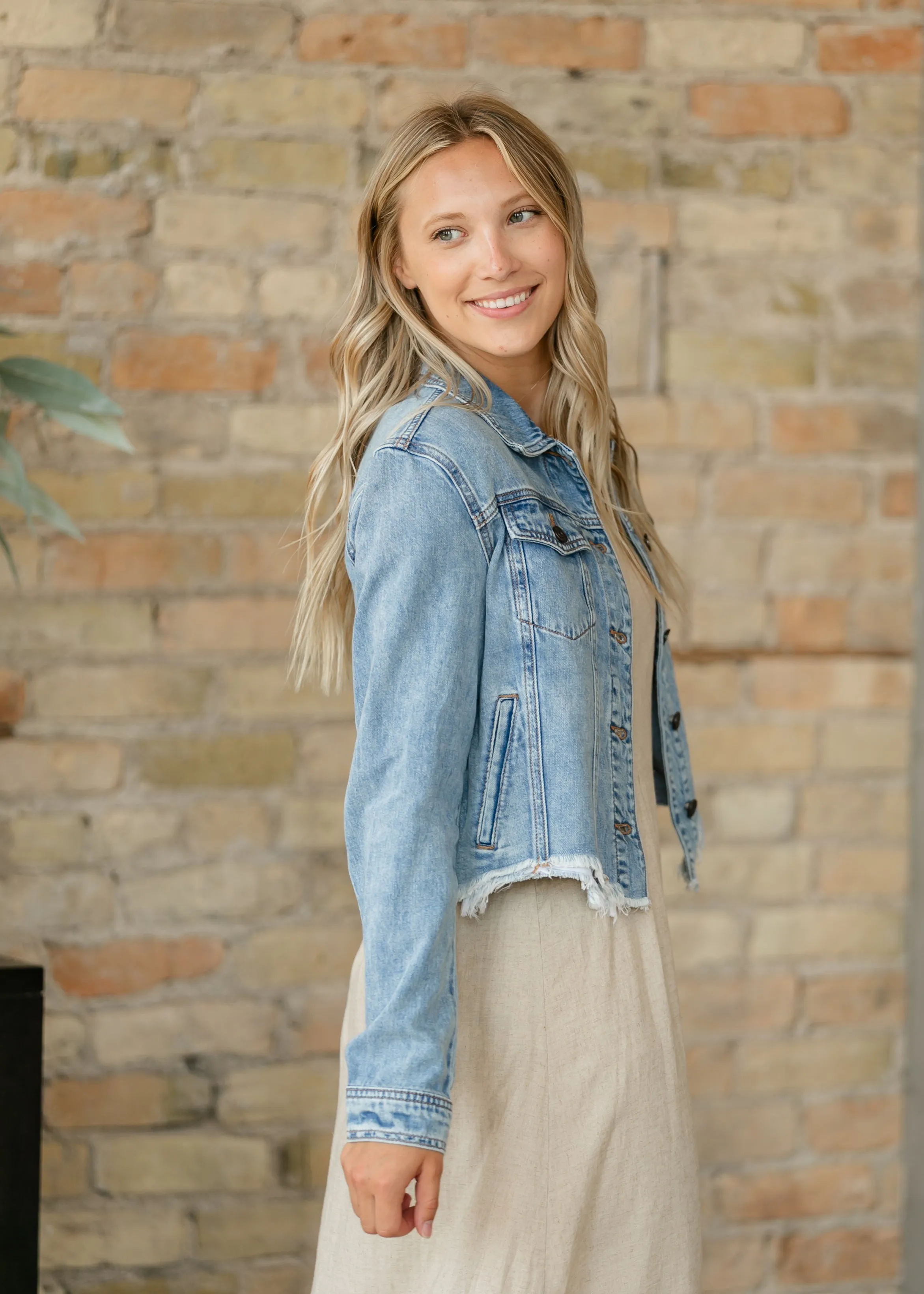 Raw Hem Medium Wash Denim Jacket