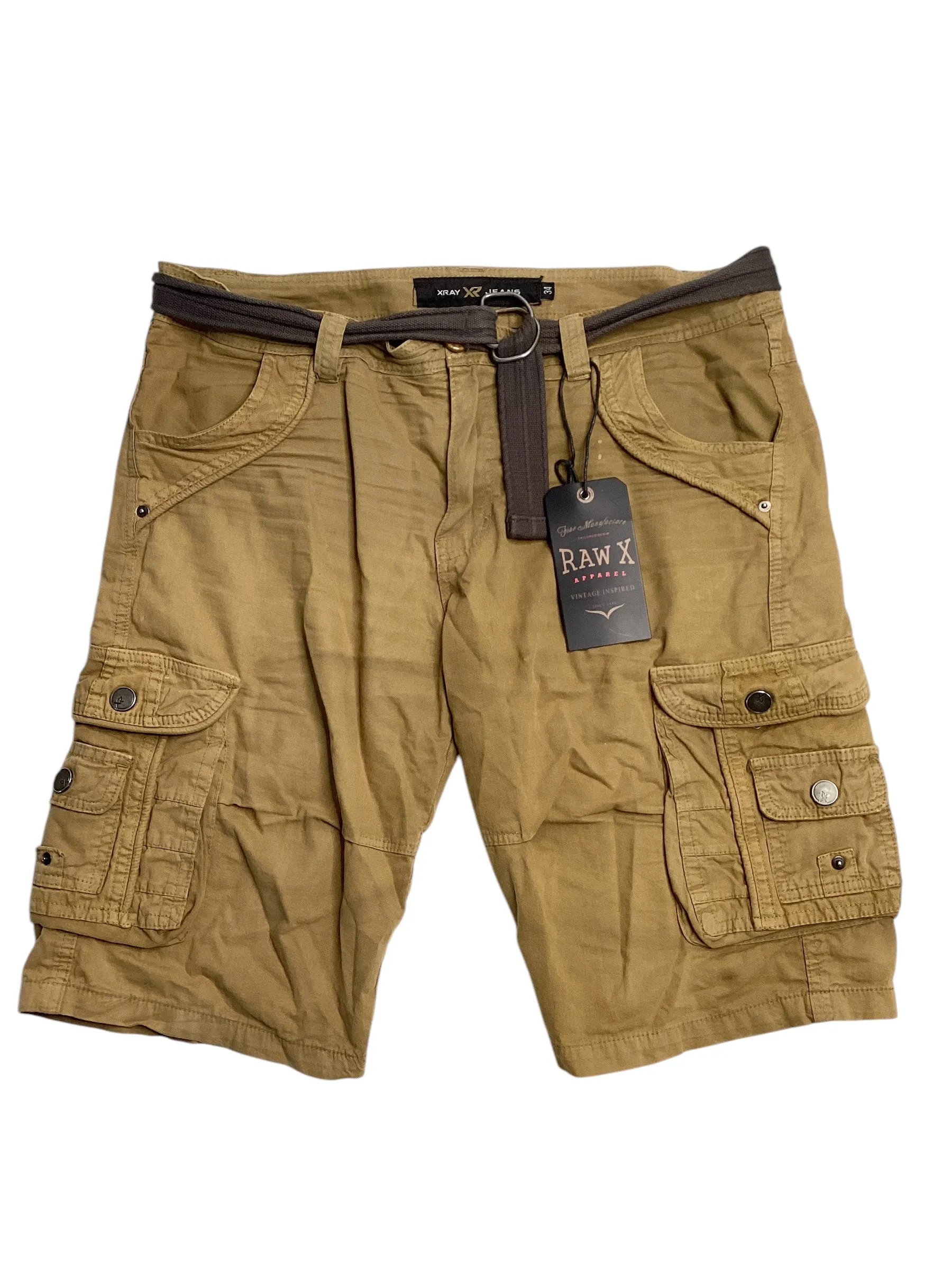 RAW X Men's Belted Double Pocket Cargo Shorts New Khaki Size 34