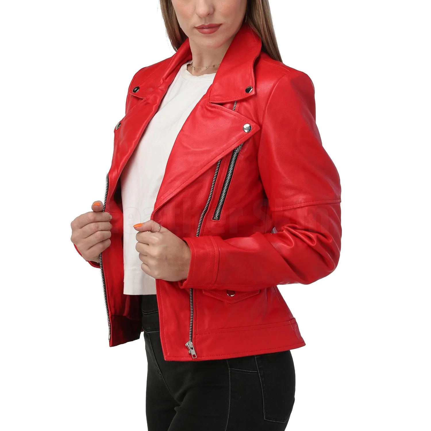 Red Leather Jacket with Classic Collar