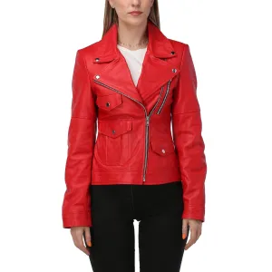 Red Leather Jacket with Classic Collar