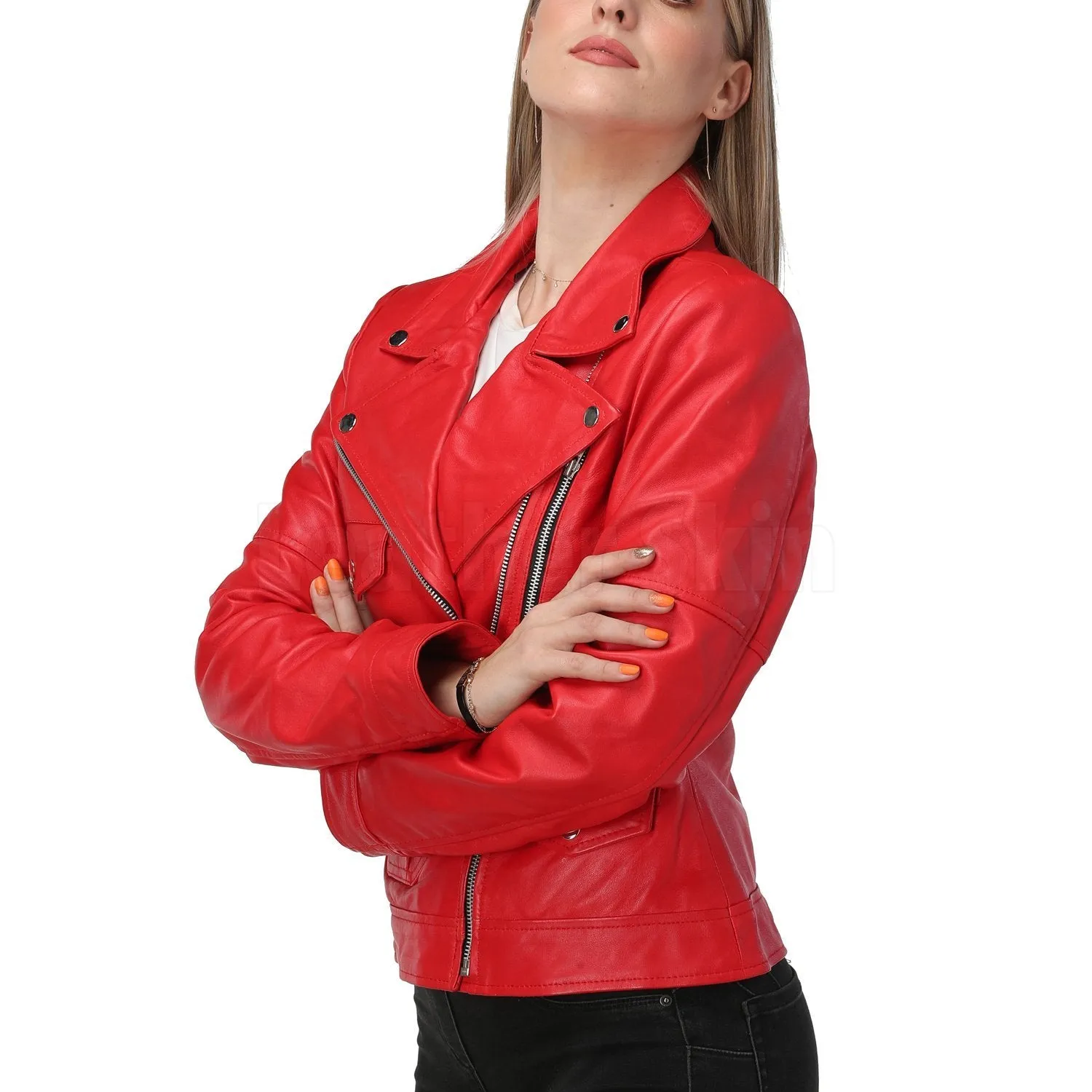 Red Leather Jacket with Classic Collar