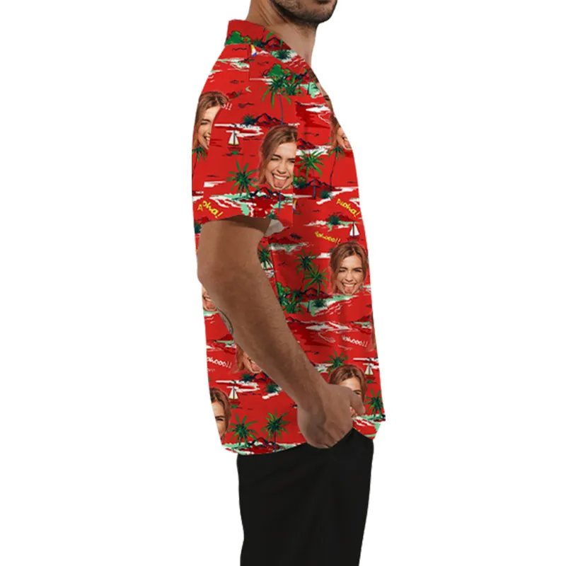 Red Men's Hawaiian Aloha Shirt Sailing Coconut Print Fashionable Resort Top