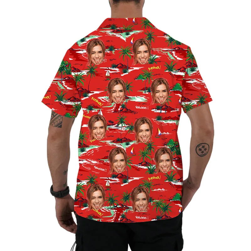 Red Men's Hawaiian Aloha Shirt Sailing Coconut Print Fashionable Resort Top
