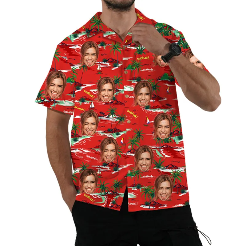 Red Men's Hawaiian Aloha Shirt Sailing Coconut Print Fashionable Resort Top