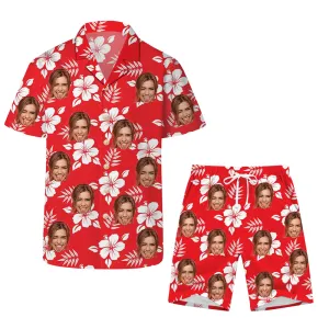Red Print Customized Men's Tops Shirts & Bottoms Beach Shorts Set