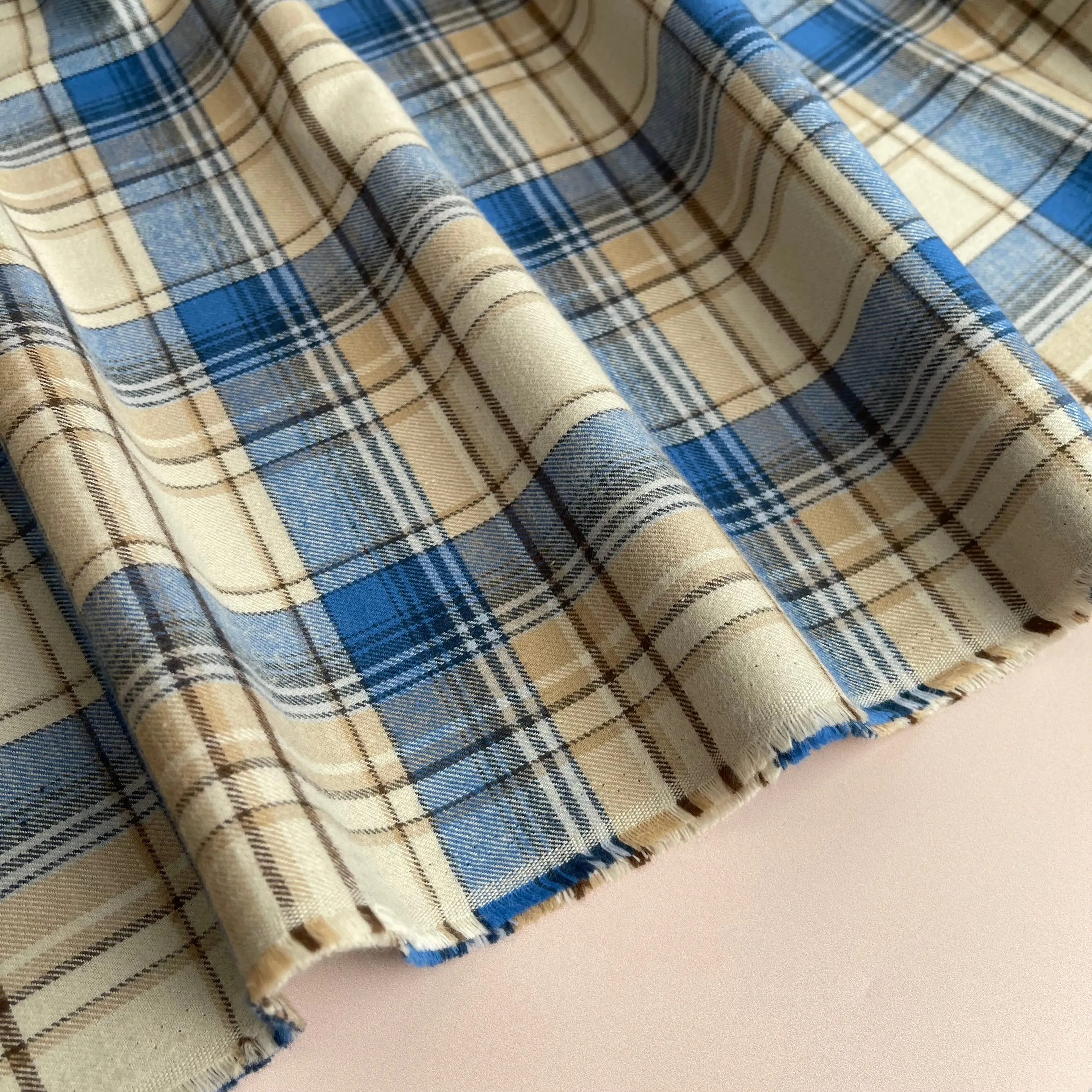 REMNANT 1 Metre - Highland Cream & Blue Yarn Dyed Cotton Flannel