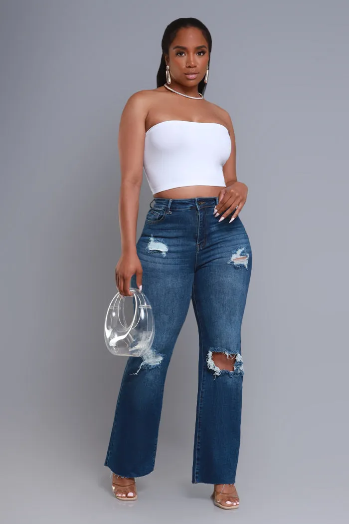 Rewind High Rise Distressed Straight Leg Jeans - Dark Wash