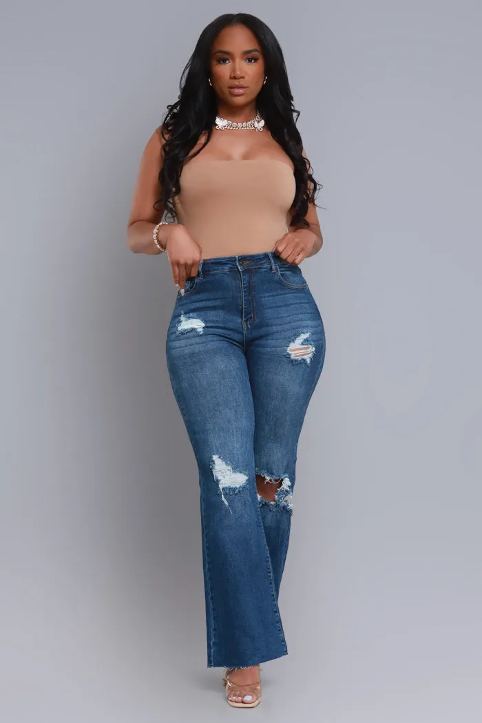 Rewind High Rise Distressed Straight Leg Jeans - Dark Wash