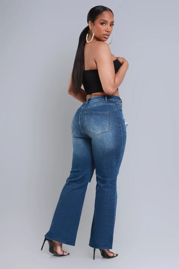 Rewind High Rise Distressed Straight Leg Jeans - Dark Wash