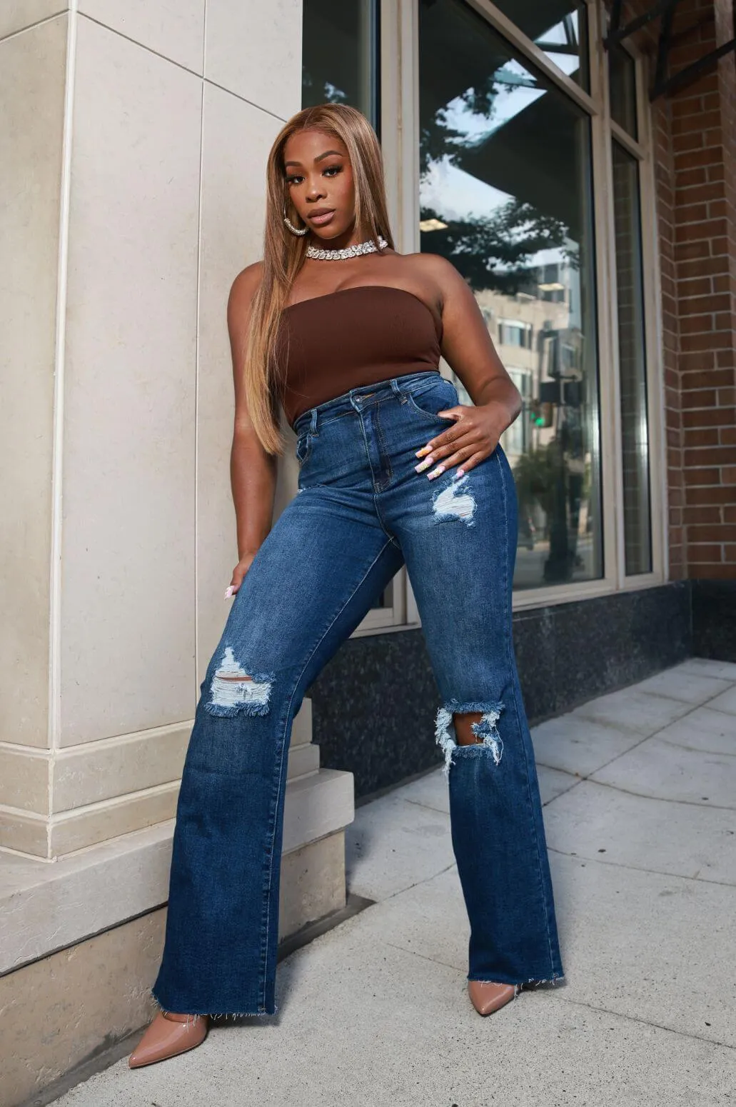 Rewind High Rise Distressed Straight Leg Jeans - Dark Wash