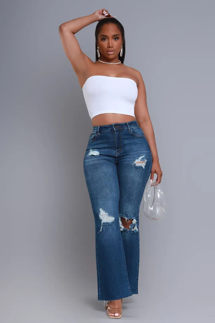 Rewind High Rise Distressed Straight Leg Jeans - Dark Wash
