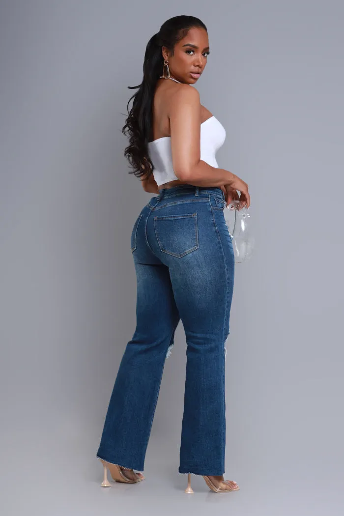 Rewind High Rise Distressed Straight Leg Jeans - Dark Wash